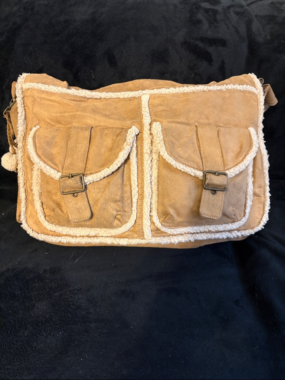 Tan Shearling-Trim Suede Crossbody Messenger Bag
